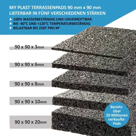 90 mm × 90 mm – 3/6/8/10/20 mm Gummigranulat Terrassenpads Unterlage für WPC & Holzterrassen